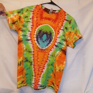 Brigh Orange And Green Tie-Dye T-Shirt With Different Patterns Back And Front